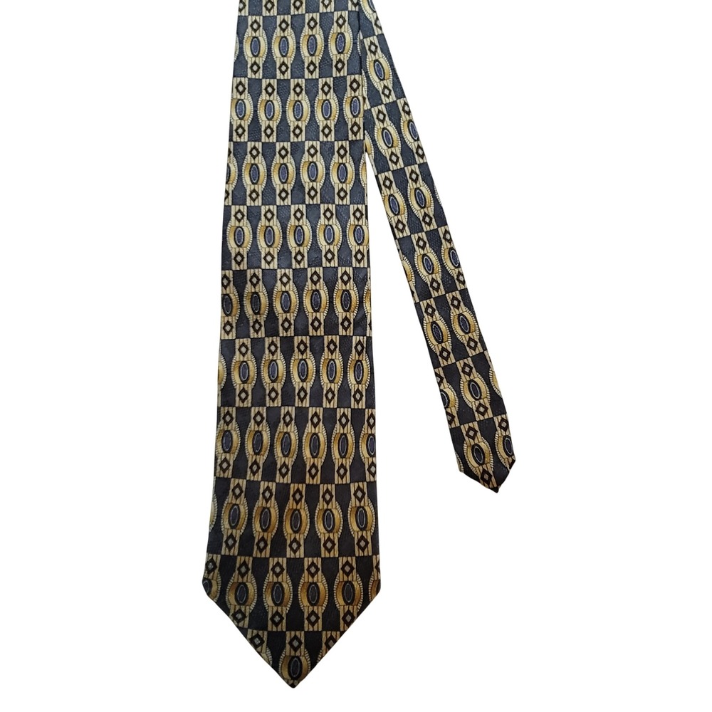 Louis Roth Silk Necktie Mens OS Gold Navy Grey Geometric Abstract Hand Made